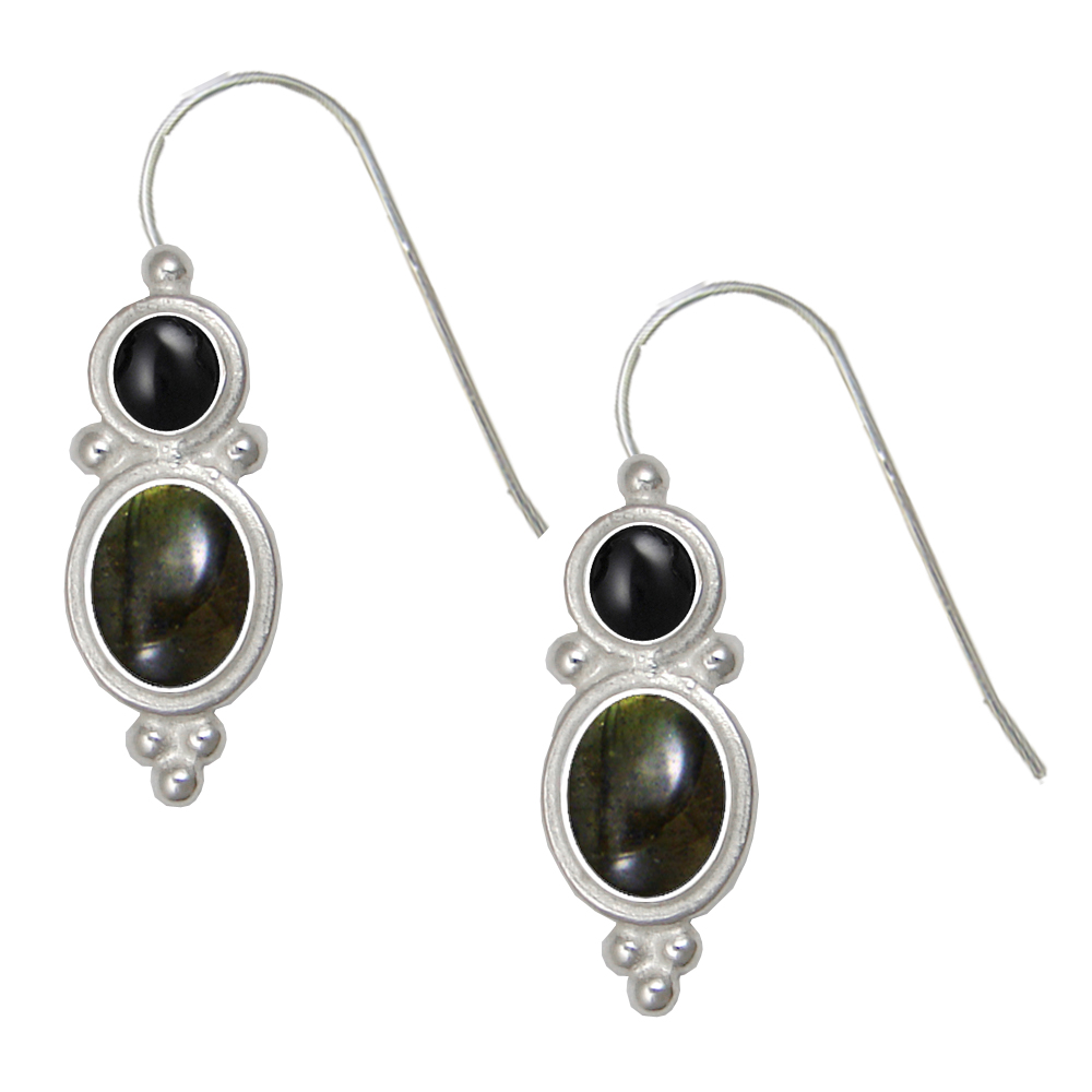 Sterling Silver Drop Dangle Earrings Spectrolite And Black Onyx